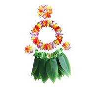 ULTECHNOVO 5pcs Hawaiian Luau Party Costume Set for Adults Lifelike Artificial Leaf Skirt with Deluxe Green-edged Skirt and Enlarged Floral Garland Includes Neck Loop and Headband Tropical