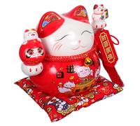 ULTECHNOVO Ceramic Maneki Neko Piggy Bank Red Figurine for Home Decor Japanese Wealth Symbol Tabletop Coin Container Compact Money Saving Pot for Desk Decoration