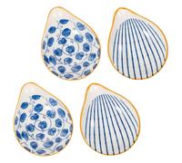 ULTECHNOVO Ceramic Sauce Dish and Spoon Rest Set, 4pcs Small Dipping Bowls with Striped Yellow Line Design, Multipurpose Household Condiment and Salad Accessory for Kitchen and Dining