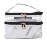 ULTECHNOVO PVC Double-Layer Marble Makeup Bag, Large Capacity Portable Cosmetic Organizer with Handle, White Travel Toiletries Storage Pouch for Women