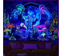 Ulticool Astronaut Jellyfish - Glow in the Dark Tapestry - Black Light Under UV Reactive Bright Black Neon Light - Blacklight Psychedelic Glow in the Dark Wall Towel - 200 x 150 cm