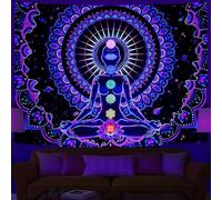 Ulticool Mandala Chakra - Glow in the Dark Tapestry - Black Light Under UV Reactive Bright Black Neon Light - Blacklight Psychedelic Glow in the Dark Wall Towel - 200 x 150 cm Large