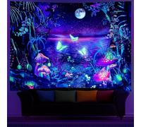 Ulticool Mushroom Butterflies - Glow in the Dark Tapestry - Black Light Under UV Reactive Bright Black Neon Light - Blacklight Psychedelic Glow in the Dark Wall Towel - 200 x 150 cm
