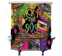 Ulticool Shower Curtain - 90s Party Vintage Graffiti Nineties Cassette - 180 x 200 cm - Washable - Anti Mould - with 12 Rings - Multicoloured