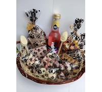ULTIMATE DOG EASTER EGG GIFT BASKET GIFT WRAPPED AND FILLED WITH DOG PUPPY EASTER TREATS, DOG SAFE ROSE WINE, CHOC BARS AND EGG