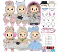 Ultimate Fashion Bundle Compatible for Labubu Clothes Outfits Accessories with 6-Pack Clothes,Camera,6xShoes,Necklaces,Sunglasses,Headphones,Display Rack Storage Bag for 17cm Dolls (Super Cute, 17CM)
