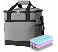 Ultimate Insulated Cooler Bag with Free 3Pcs Ice Packs - Dual-Compartment Waterproof Lunch Bag for 24 Cans - Perfect for Beach, Travel, Work, Picnic | Leak-Proof & 20 Hours Cooling (Grey)