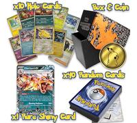Ultimate Shiny Box Bundle - 50 Random Cards Guaranteed 10 Holos + 1 Rare Shiny Card + 1 Coin Plus The Toy Box Card Compatible with Pokemon TCG