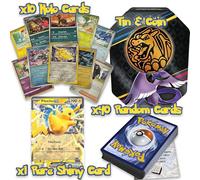 Ultimate Shiny Tin Bundle - 50 Random Cards Guaranteed 10 Holos + 1 Rare Shiny Card + 1 Coin Plus The Toy Box Card Compatible with Pokemon TCG