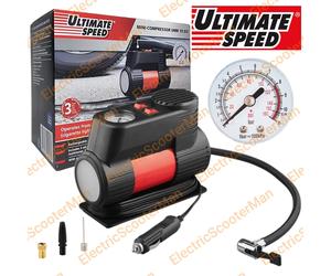 Ultimate Speed 12V Car Tyres Mini Air Compressor With LED Light + 3 Adaptors