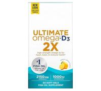 Ultmate Omega D3 2X (Omega3 2150mg) (Vitamin D3 1000 IU) Softgels, Fish Oil Supplement, Lemon Taste - 60 Count