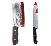 Ultra 1 Cleaver & 1 Bloody Knife Props Plastic Fake Blood No Sharp Edge | Long,Slasher,Chopping,Weapon,Pretend,Cosplay,Novelty,LARP Dressing Up,Weapons, Swords,Cleaver,Bloodied,Realistic,Fancy Dress
