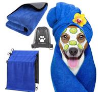 Ultra-Absorbent XL Dog Towel - 140x70cm Soft Coral Fleece Microfibre, Fast-Drying, Calming pet blanket- Includes Drawstring Bag (Blue/Grey)