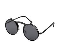 Ultra Black Frame Round Steampunk Sunglasses - Black Lenses Flip Up - Retro Mens Womens UV400 Cyber Gothic Circle Glasses
