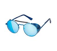 Ultra Blue with Blue Mirrored Lenses Steampunk Deep Blinder Sunglasses Retro Women Mens Round Goggles Metal Gothic Circle Cyber Cosplay Glasses UV400 Unisex Retro Sunglasses Round Glasses Steam Punk