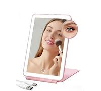 Ultra Clear Rechargeable Travel Mirror with 10x Magnification & 49 LEDs, Portable Vanity Mirror with 3 Color Lights and 300° Rotation 7.5-Inch Large Vanity Mirror, Gift for Women & Girls (Pink)