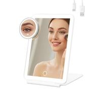 Ultra Clear Rechargeable Travel Mirror with 10x Magnification & 49 LEDs, Portable Vanity Mirror with 3 Color Lights and 300° Rotation 7.5-Inch Large Vanity Mirror, Gift for Women & Girls (White)