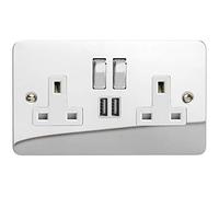 Ultra Flat Polished Chrome 2 Gang 13 Amp Socket + 2x USB Charging Port - White Inserts