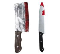 Ultra Halloween Bloodied Fake Knife Fancy Dress Accessory Prop Knife 30cm Long Slasher Knife with Fake Blood Chopping Knife Toy Plastic Weapon Pretend Cosplay Novelty (1 Black Handled Knife 1 Cleaver)