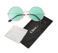 Ultra Large Round Retro Sunglasses UV400 - Large Circle Unisex Metal Frame with Spring Hinges, Carry Pouch & Cleaning Cloth Mens Womens Shades - Gold with Green Lenses