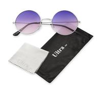 Ultra Oversized Round Retro Sunglasses UV400 - Large Circle Unisex Metal Frame with Spring Hinges, Carry Pouch & Cleaning Cloth Mens Womens Shades - Purple to Pink Lenses