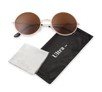Ultra Oversized Round Retro Sunglasses UV400 - Large Circle Unisex Metal Frame with Spring Hinges, Carry Pouch & Cleaning Cloth Mens Womens Shades - Gold with Brown Lenses