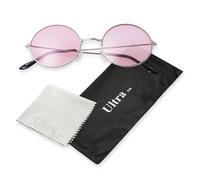 Ultra Oversized Round Retro Sunglasses UV400 - Large Circle Unisex Metal Frame with Spring Hinges, Carry Pouch & Cleaning Cloth Mens Womens Shades - Silver with Light Pink Lenses