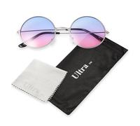 Ultra Oversized Round Retro Sunglasses UV400 - Large Circle Unisex Metal Frame with Spring Hinges, Carry Pouch & Cleaning Cloth Mens Womens Shades - Blue to Pink Lenses