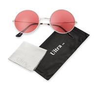 Ultra Oversized Round Retro Sunglasses UV400 - Large Circle Unisex Metal Frame with Spring Hinges, Carry Pouch & Cleaning Cloth Mens Womens Shades - Silver with Red Lenses