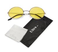 Ultra Oversized Round Retro Sunglasses UV400 - Large Circle Unisex Metal Frame with Spring Hinges, Carry Pouch & Cleaning Cloth Mens Womens Shades - Silver with Yellow Lenses