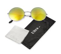 Ultra Oversized Round Retro Sunglasses UV400 - Large Circle Unisex Metal Frame with Spring Hinges, Carry Pouch & Cleaning Cloth Mens Womens Shades - Silver with Gold Lenses