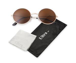 Ultra Oversized Round Retro Sunglasses UV400 - Large Circle Unisex Metal Frame with Spring Hinges, Carry Pouch & Cleaning Cloth Mens Womens Shades - Gold with Brown Lenses
