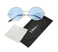 Ultra Round Sunglasses for Men & Women UV400 & Carry Pouch Cleaning Cloth - Unisex Retro Large Circle Glasses with Spring Comfort Fit Hinges - Sunglasses - Metal Framed - Silver with Blue Lenses