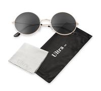 Ultra Round Sunglasses for Men & Women UV400 & Carry Pouch Cleaning Cloth - Unisex Retro Large Circle Glasses with Spring Comfort Fit Hinges - Sunglasses - Metal Framed - Gold Frame Black Lenses