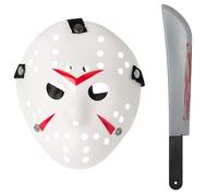 Ultra Scary Halloween Hockey Mask - Horror Costume & Adults and Kids - Halloween Parties and Events - Perfect Scary Costume Accessory - Serial Killer - White and Red Mask and Machete