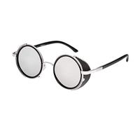 Ultra Silver Round Steampunk Sunglasses with Silver Mirrored Lenses