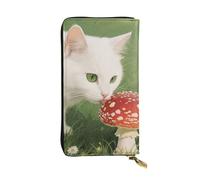 Ultra Slim PU Leather Wallet for Women Men, Zipper Credit Card Holder Long Purse Clutch Giraffe in the Sun Handbag, Cat With Mushroom, One Size, Classic