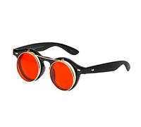 Ultra Small Round Flip Up Steampunk Sunglasses UV400 - Unisex for Men and Women with Polycarbonate Lenses - Retro Round Glass Style - Unisex Sun Glasses with Flip Feature - Black with Red Lenses