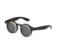 Ultra Small Round Flip Up Steampunk Sunglasses UV400 - Unisex for Men and Women with Polycarbonate Lenses - Retro Round Glass Style - Unisex Sun Glasses with Flip Feature - Black