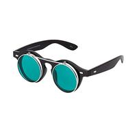 Ultra Small Round Flip Up Steampunk Sunglasses UV400 - Unisex for Men and Women with Polycarbonate Lenses - Retro Round Glass Style - Unisex Sun Glasses Flip Feature - Black with Dark Green Lenses