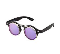 Ultra Small Round Flip Up Steampunk Sunglasses UV400 - Unisex for Men and Women with Polycarbonate Lenses - Retro Round Glass Style - Unisex Sun Glasses with Flip Feature - Black with Purple Lenses