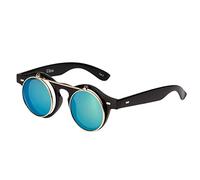 Ultra Small Round Flip Up Steampunk Sunglasses UV400 - Unisex for Men and Women with Polycarbonate Lenses - Retro Round Glass Style - Unisex Sun Glasses with Flip Feature - Black with Green Lenses