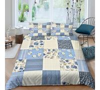 Ultra Soft 3D Microfiber BlueFloralQuilt Duvet Cover Set All Season Bedding Sets with Pillowcases ModernPatchworkStyle Quilt Cover Easy Care Breathable Washable for Teens Adults King（220x240cm）