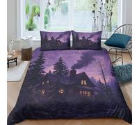 Ultra Soft 3D Microfiber Cozy cabin night Duvet Cover Set All Season Bedding Sets with Pillowcases Forest twilight scene Quilt Cover Easy Care Breathable Washable for Teens Adults Single（135x200cm）