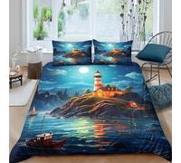 Ultra Soft 3D Microfiber Lighthouse night Duvet Cover All Season Bedding Set with Pillow Shams Cozy coastal scene Bedding Quilt Cover Easy Care Machine Washable for Bedroom Decor Single（135x200cm）