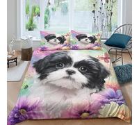 Ultra Soft 3D Print Microfiber Cute puppy Quilt Cover Breathable Bedding Set with Pillow Shams Watercolor floral art Comforter Cover All Season Machine Washable for Bedroom Decor Single（140x200cm）