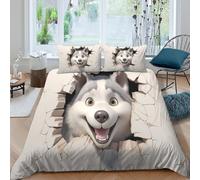 Ultra Soft 3D Print Microfiber Happy husky Comforter Cover All Season Bedding Set w/ Pillow Shams Cartoon animal design Duvet Cover Set Easy Care, Washable for Bedroom Decor Super king（260x220cm）