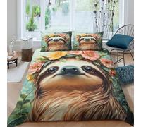 Ultra Soft 3D Print Microfiber Sloth with flowers Quilt Cover Breathable Bedding Set with Pillow Shams Nature art style Comforter Cover All Season Machine Washable for Bedroom Decor Double（200x200cm）