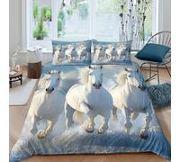 Ultra Soft 3D Print Microfiber White horses galloping Comforter Cover All Season Bedding Set w/ Pillow Shams Wild nature style Duvet Cover Set Easy Care, Washable for Bedroom Decor Single（135x200cm）