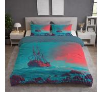 Ultra Soft Blue Red Microfiber Cartoon Duvet Cover Set All Season Bedding Sets with Pillowcases Fantasy Ocean Sailboat Quilt Cover Washable for Teens Adults King Size 90" x 87"